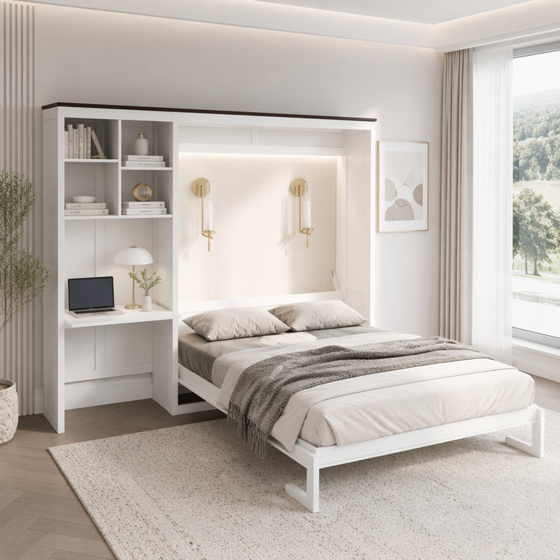 Lit escamotable avec bureau intégré, appliques murales et rangement multicouche, conception peu encombrante, Blanc