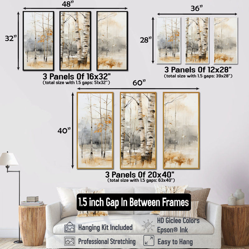 «Winter Birch Wood Forest I - Tree Birch», art mural, H 32 po x l 48 po x P 1 po, Cadre flottant noir