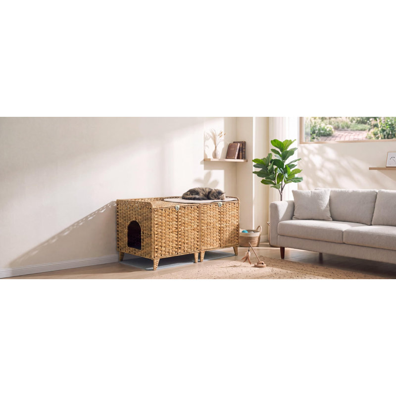 Litière cachée en rotin pour 2 chats, évents pour chambre double, bois naturel, Naturel