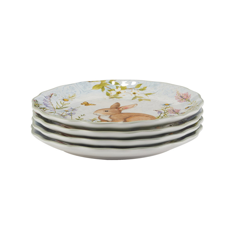 Ensemble de 4 assiettes à dessert de Pâques - assiettes de 9 po avec illustrations charmantes de lapin et de fleurs sauvages - parfaites pour les célébrations du printemps, le thé et les desserts