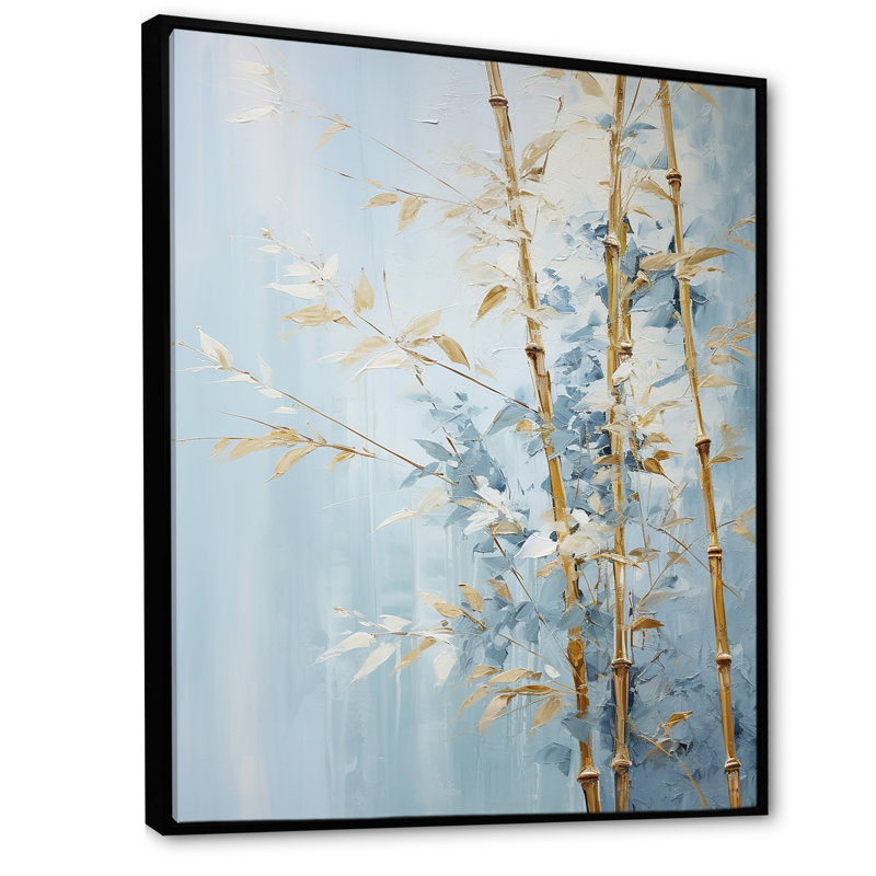 Or et bambou bleu sur toile, H 44 po x l 34 po x P 1,5 po, Cadre flottant noir