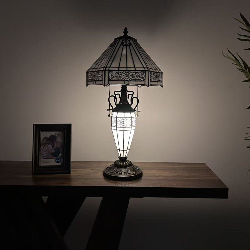 Tiffany Table Lamp White Hexagon Stained Glass Shade Metal Base LED Bulbs Included, 22" H x 12" W x 12" D
