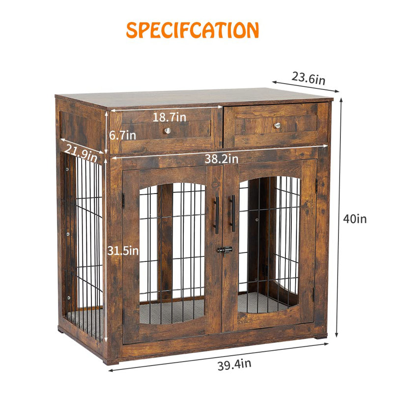 Brown Wooden Dog Crate Table with Drawers