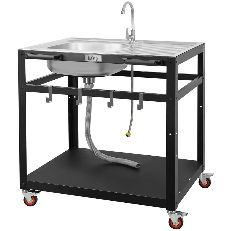 Chariot de barbecue d'extérieur de 35 pouces avec évier en acier inoxydable, table de préparation pour barbecue avec robinet, tablettes de rangement et roues verrouillables pour la cuisine d'extérieur, de jardin et d'extérieur FEASTO