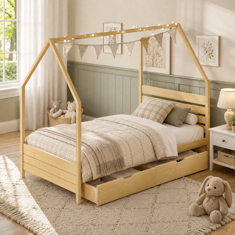 Lit cabane Montessori pleine grandeur avec 2 tiroirs de rangement, lit plateforme en bois en forme de maison avec tête de lit et foyer décoratif, sommier non requis