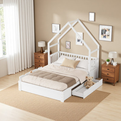 Grand lit plateforme en bois avec garde-corps et 2 tiroirs