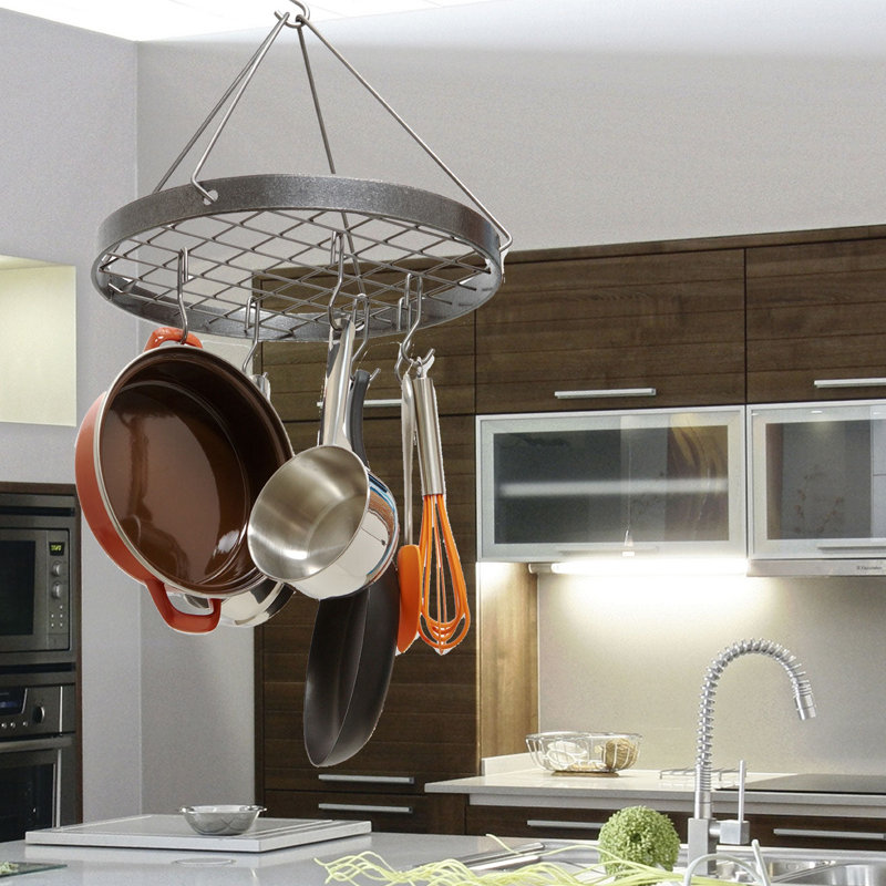 Hammered Steel Round Hanging Pot Rack with Hooks