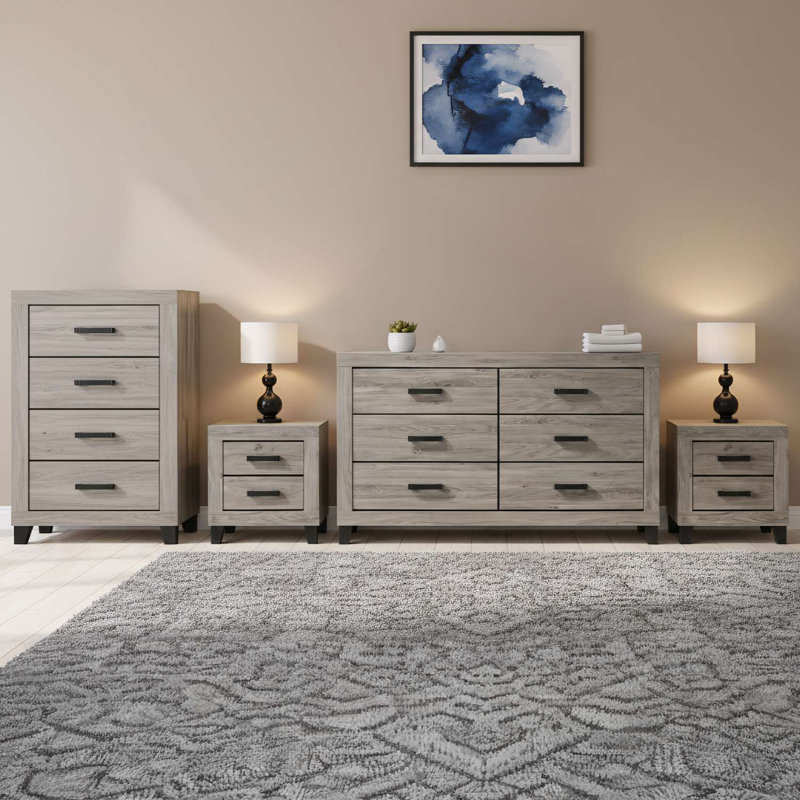 Ensemble de chambre à coucher de style transitionnel 4 pièces avec commode à 6 tiroirs, commode et 2 tables de chevet au fini bois gris clair