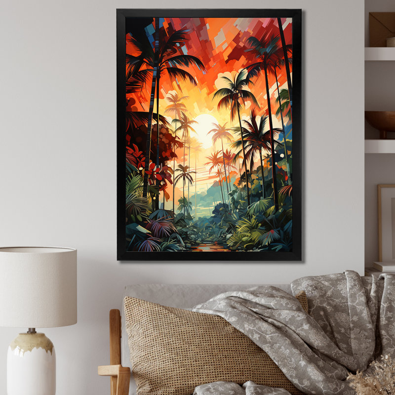 Coucher de soleil sur un palmier orange coloré I - impressions murales florales, Cadre photo noir, H 20 po x l 12 po x P 1 po