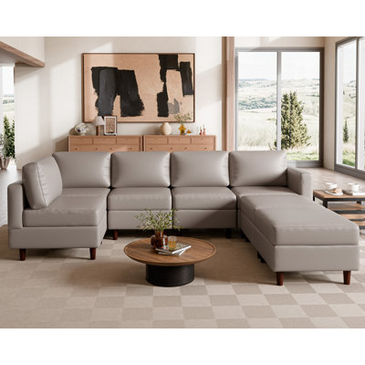 Caynemore 7-Piece 118.5'' Reversible Modern L-Shape Sectional Sofa With Storage Seat- Faux Leather-Light Gray