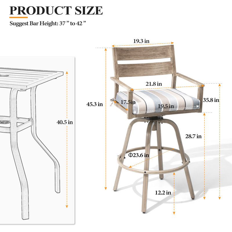Patio Swivel Aluminum Bar Stools With Sunbrella Cushion, Gray