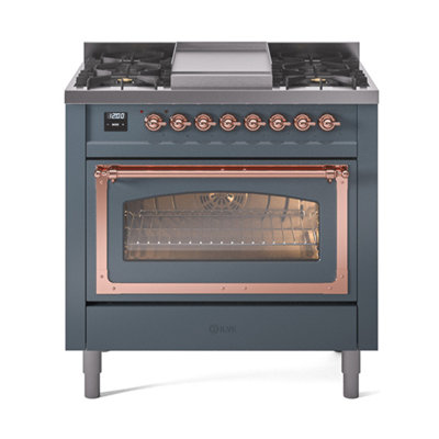 Cuisinière ILVE Nostalgie II Series 36 po à double combustible avec 6 brûleurs scellés, plaque de cuisson (propane liquide, porte vitrée)