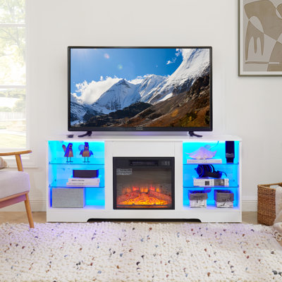 Meuble télé avec foyer électrique et tablettes en verre, meuble télé avec foyer en bois avec prise USB et prise de charge USB