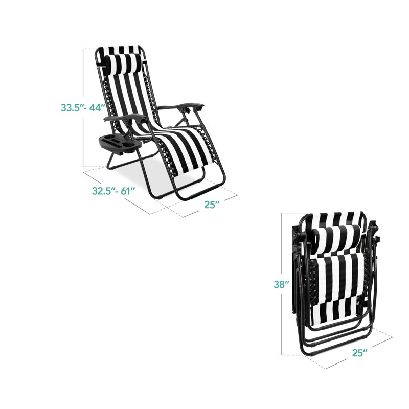 Set Of 2 Zero Gravity Lounge Chair Recliners For Patio, Pool W/ Cup Holder Tray - Black Striped, Black, Black Striped