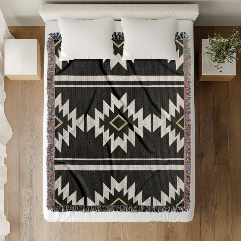 Jeté en mélange de coton Wapi South Western, Noir/Blanc cassé, L 70 po x l 50 po