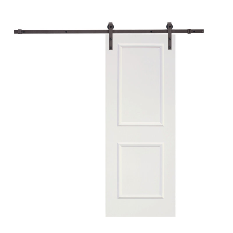 Primed White MDF Raised 2 Panel Sliding Barn Door with Brown Hardware