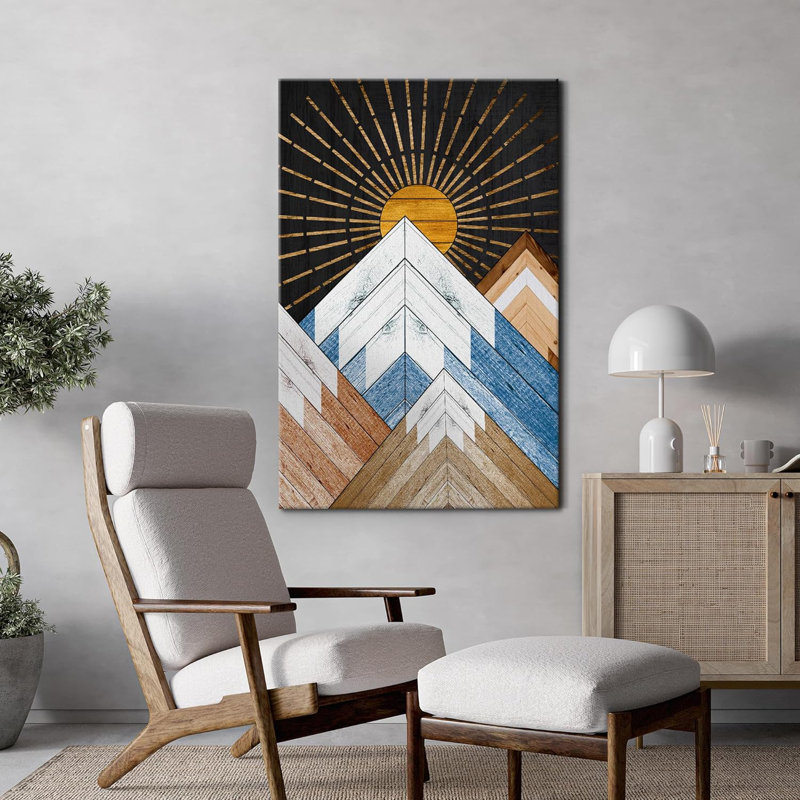 «Western Wood Effect Landscape», soleil brillant, chaîne de montagnes, art moderne occidental, impression sur toile