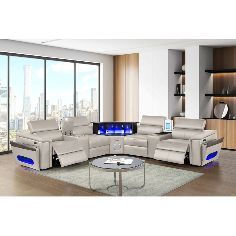 Canapé modulaire Nova avec 1 console (réfrigérateur), coin avec haut-parleur Bluetooth, armoire à vin à DEL et à levage - Gris