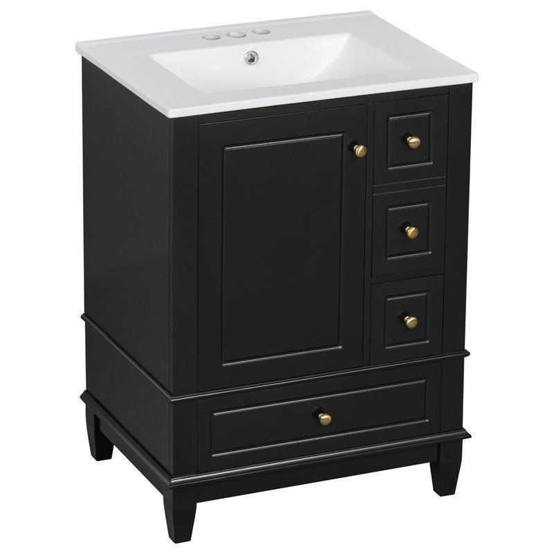 24" Bathroom Vanity with Sink and Drawers, Freestanding Vanity Cabinet with Ceramic Top and Storage Shelves, MDF and Solid Wood Base, Modern Sink Cabinet for Small Bathrooms