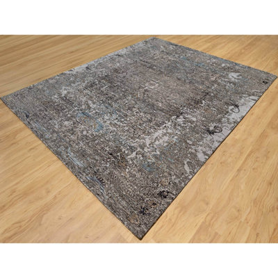 7'11" x 9'10" Intense Gray Transitional Erased Silk with Wool Hand Knotted Rug