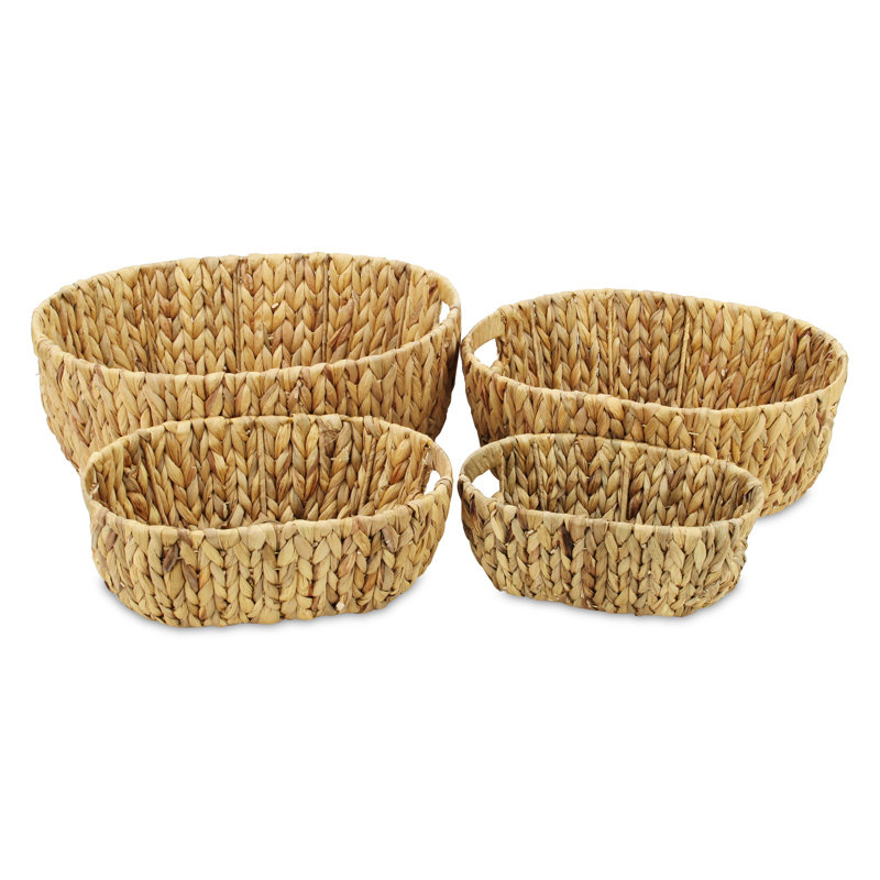 Laelia Set of 4 Oval Water Hyacinth Storage Baskets, Braided Bins with Handles for Living Room