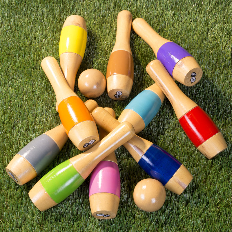 Wood Bowling Set - Indoor and Outdoor Game for Toddlers, Kids, and Adults with 10 Wooden Pins, 2 Ball