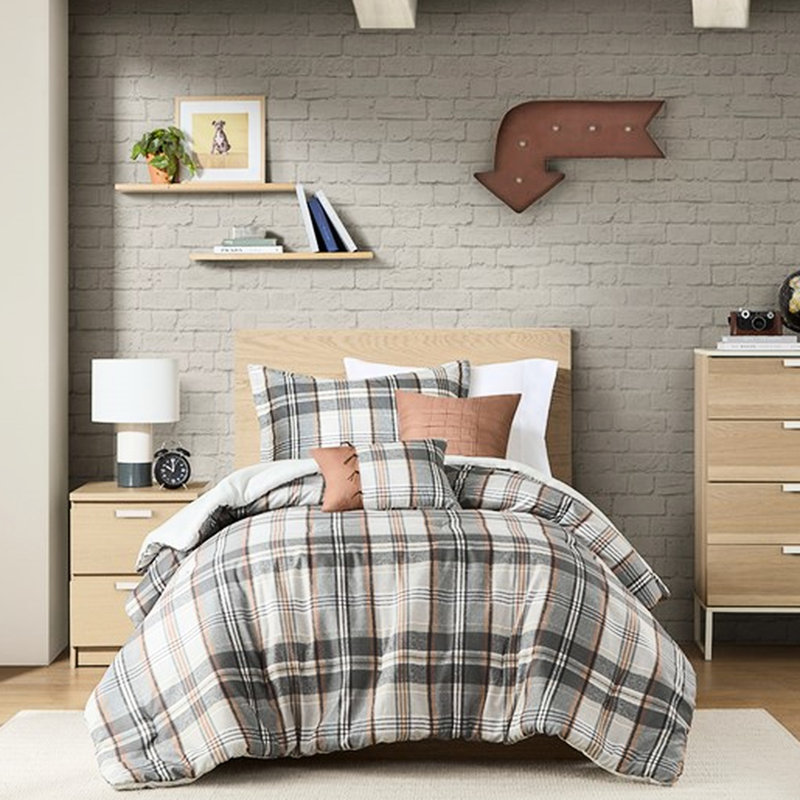 Full/queen Plaid Comforter , Fill, , 2 Shams, Throw Pillows, Warm Style Bedding Microfiber Cozy