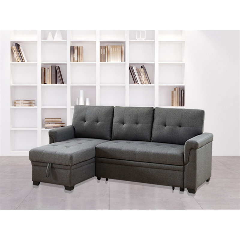 Canapé-lit modulaire réversible en lin 84 po avec rangement, Lin gris foncé, Orienté à gauche (vu de face), Brun