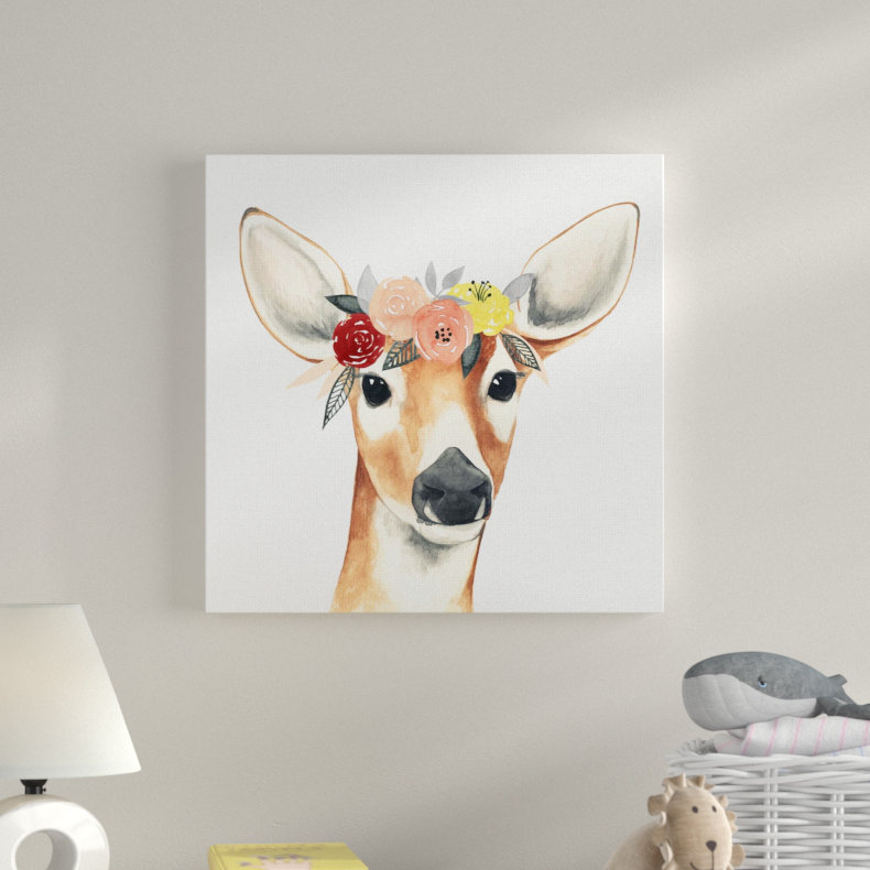 «Doe Eyed Deer in Flower Crown», art sur toile, Toile tendue, H 17 po x l 17 po x P 1,5 po