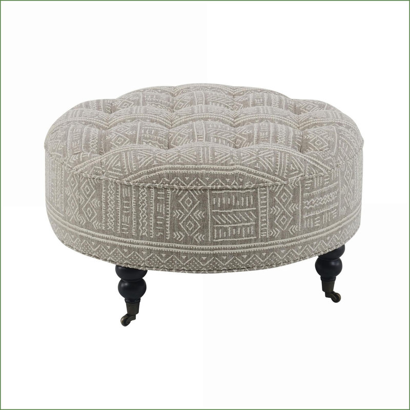 Repose-pieds, tissu rond à motif avec roulettes Capitonnage à boutons | Noir | Bois