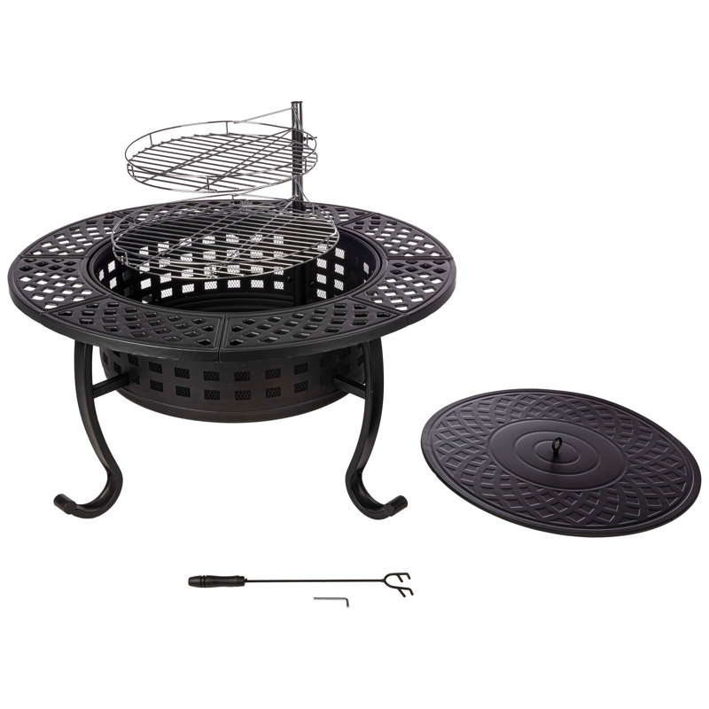 Fire Pit with Grill - 37” Round Fire Table Outdoor Firepit with 2 Grills, Lid, Poker and Cover - Fire Pits for Outside Wood Burning BBQ by Pure Garden 