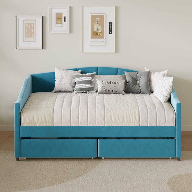 Eliana Twin Velvet Upholstered Daybed with Drawers -Solid Construction, Space Maximization, Blue