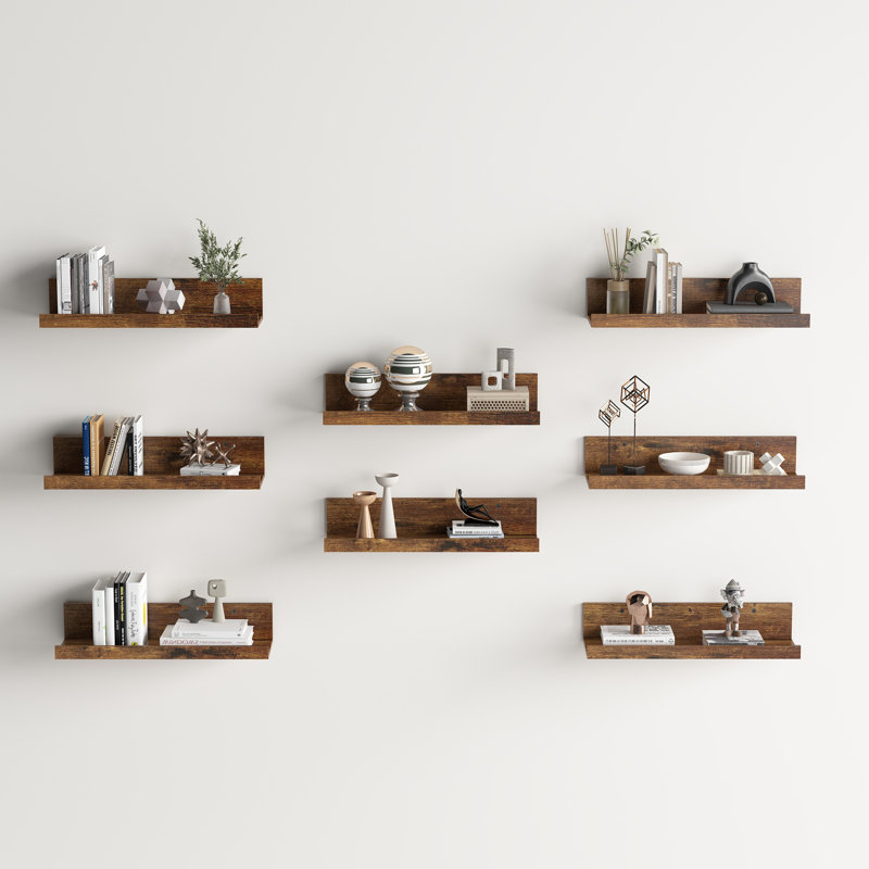 Set 8 Floating Wall Mounted Wooden Shelves, Shelves For Wall Decor, Brown Wood