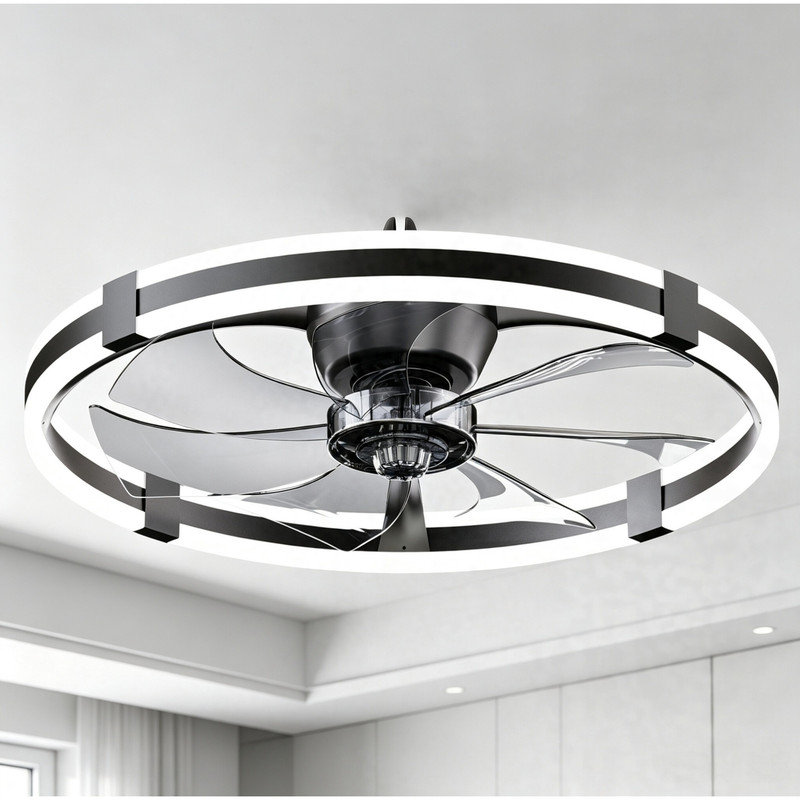Ventilateur de plafond moderne à profil bas à DEL, ventilateur DC réversible silencieux, réglable à 6 vitesses et 3 couleurs, application intelligente et télécommande pour les pièces intérieures
