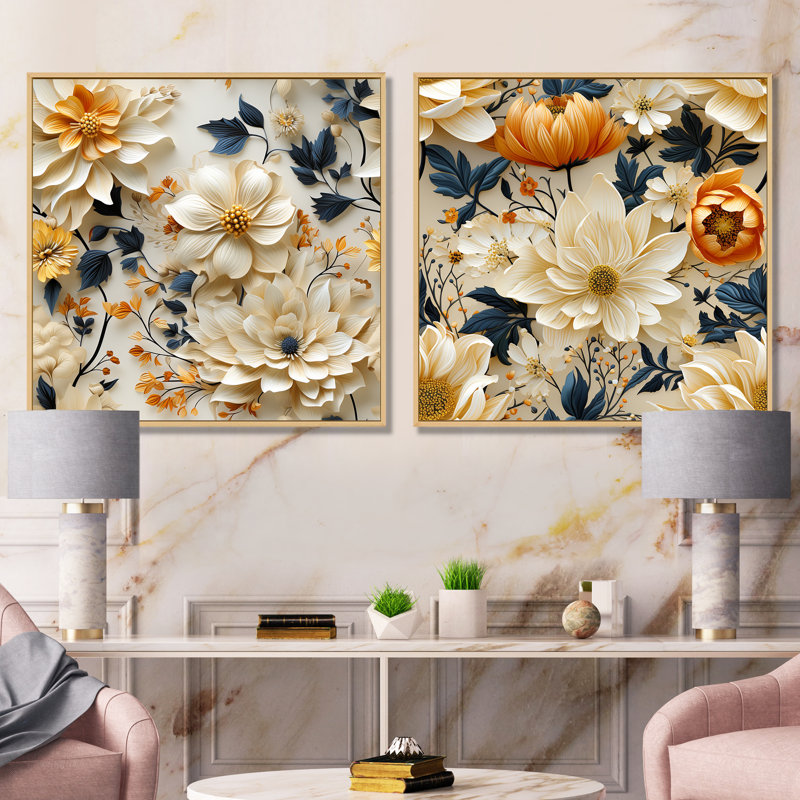 Lilian - Ensemble de 2 décorations murales florales, Encadrement brun, H 30 po x l 61 po x P 1 po