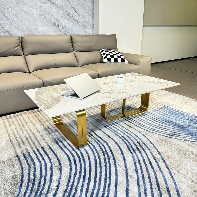 Rectangular coffee table with sintered stone top, metal frame, for Living Room, Gold