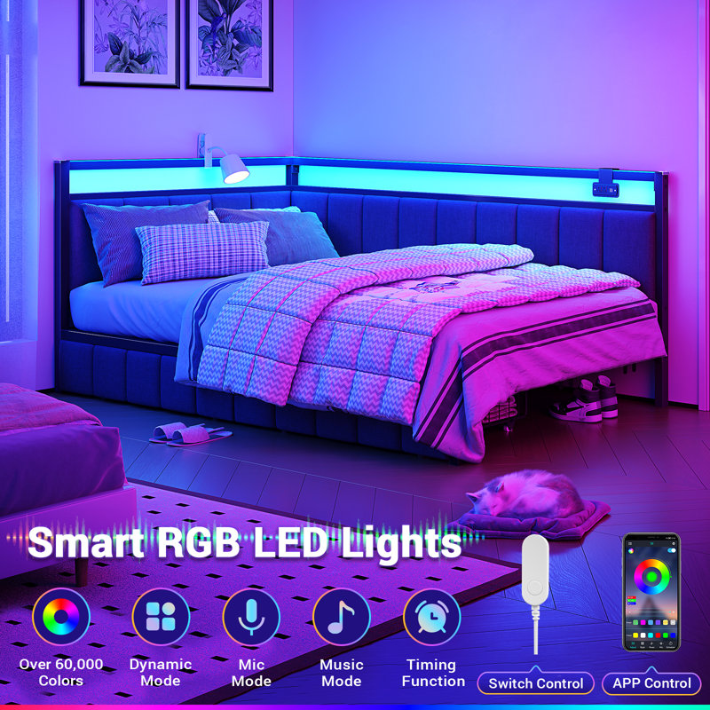 Corner Bed Frame with LED Lights and Charging Station, Cord Cloth Upholstered Bed with 2 Underbed Storage Drawers, Modern Sofa Bed, No Box Spring/No Noise