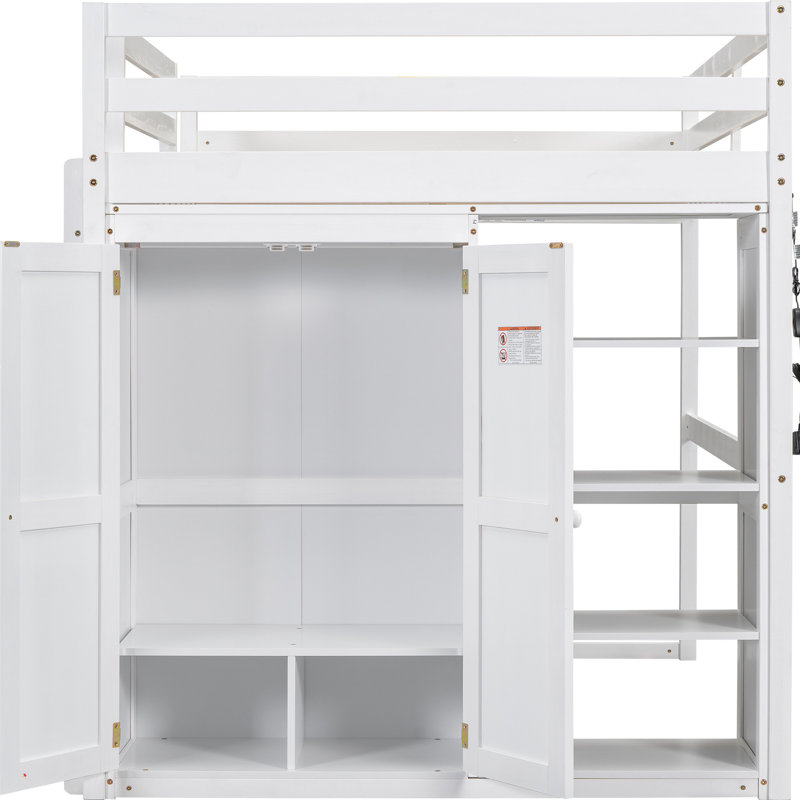 Lit mezzanine blanc avec rangement intégré, garde-robe et torche à DEL, Blanc