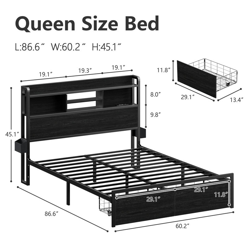 Queen Bed Frame with 2 Storage Drawers, Modern Platform Bed with Charging Station & LED Light, No Spring Box Needed, Queen