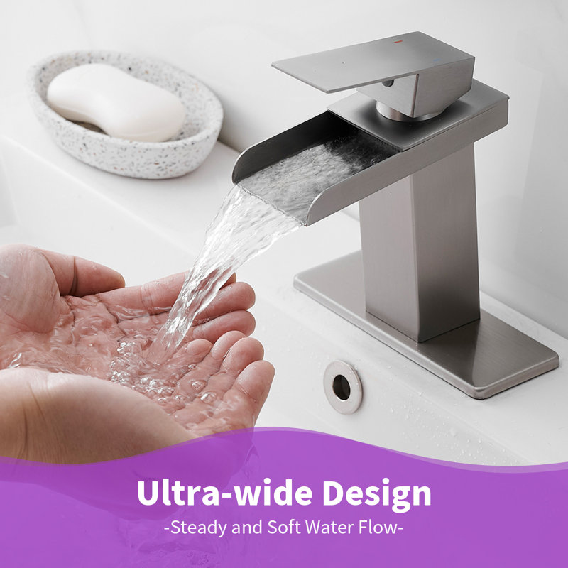 Modern Low-Arc Waterfall Bathroom Faucet, Single Handle Single Hole with Pop-Up Drain Assembly, Brushed Nickel