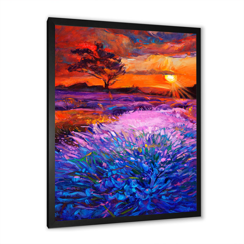 Champs de lavande au coucher du soleil - On, H 20 po x l 12 po x P 1 po, Cadre noir