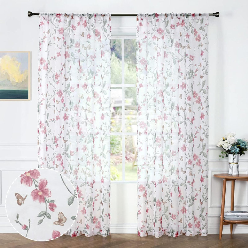 Ensemble de 2 panneaux de rideaux diaphanes à motif floral avec passe-tringle, Rose, 54" W x 54" L