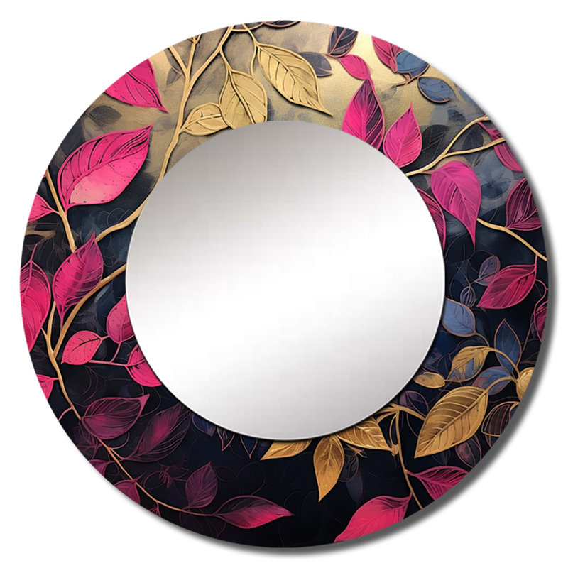 Robley or et breloque feuille rose en hiver - miroir décoratif feuilles, miroir mural rond doré, impression d'art en métal