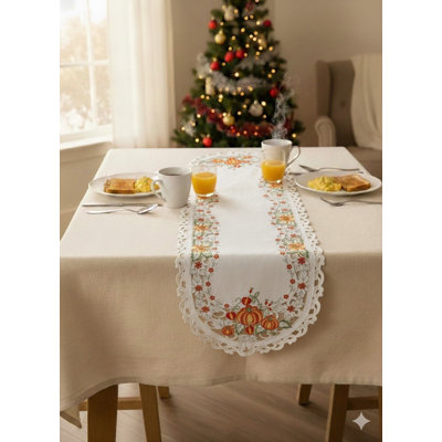 Pumpkin Embroidered Cutwork Rectangular Table Runner, 13 By 27 Inch
