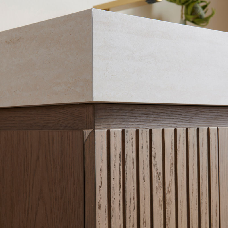 Meuble-lavabo mural de 30 po avec dessus en pierre frittée et lavabo encastré en céramique Muri, 30", Beige, Marron clair