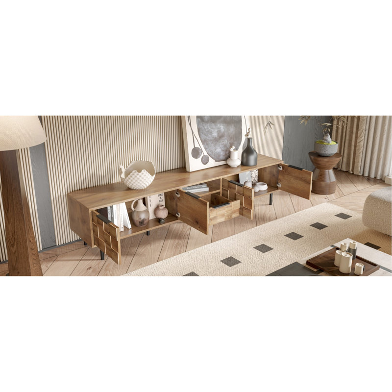 Meuble télé pour téléviseur 85 70 65 po, console au fini bois naturel, quatre portes d'armoire à fermeture douce et tablette ouverte avec rangement équilibré