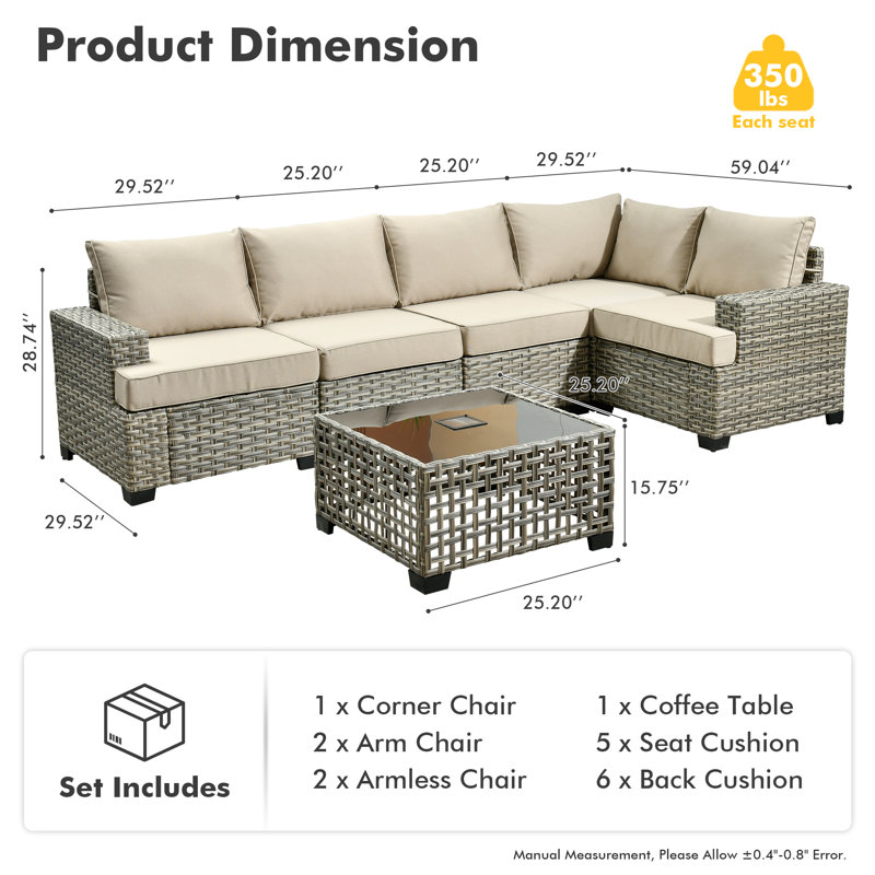 Beige Wicker 6-Person Outdoor Sectional Sofa Set with Cushions