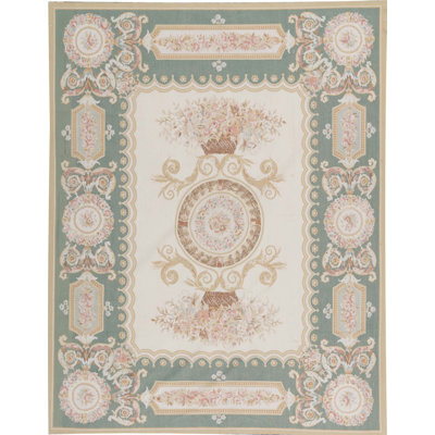 Tapis vert et brun clair de haute qualité noué à la main