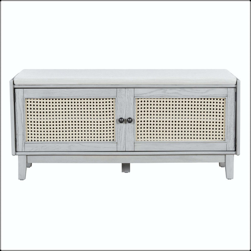 Banc de hall d'entrée en rotin avec coussin et rangement réglable Boho, Beige,Gray Wash, Gray