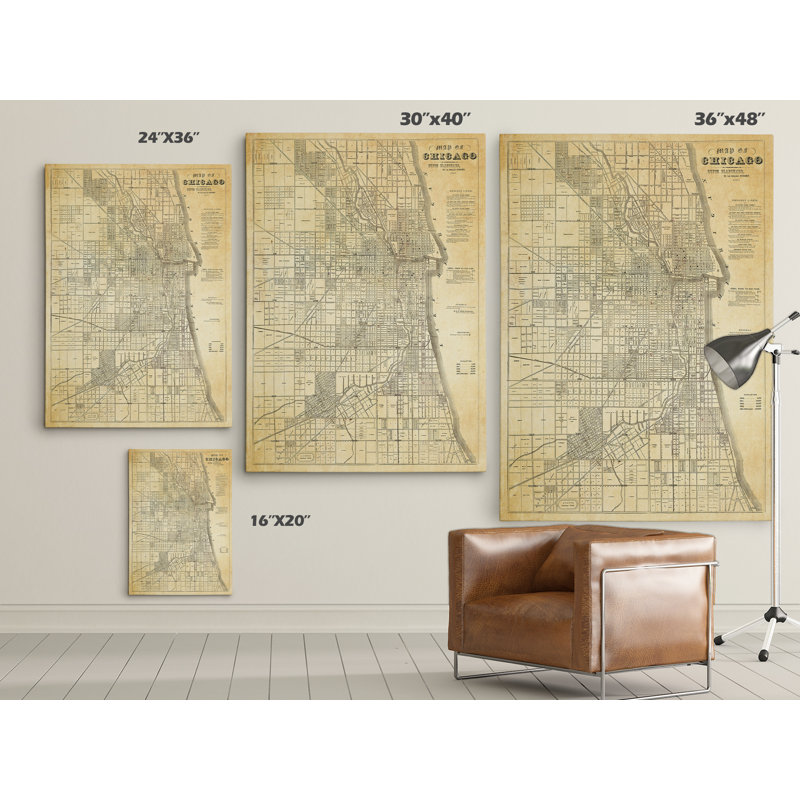 Carte de Chicago - reproduction d'impression sur toile, H 24 po x l 32 po x P 1,5 po